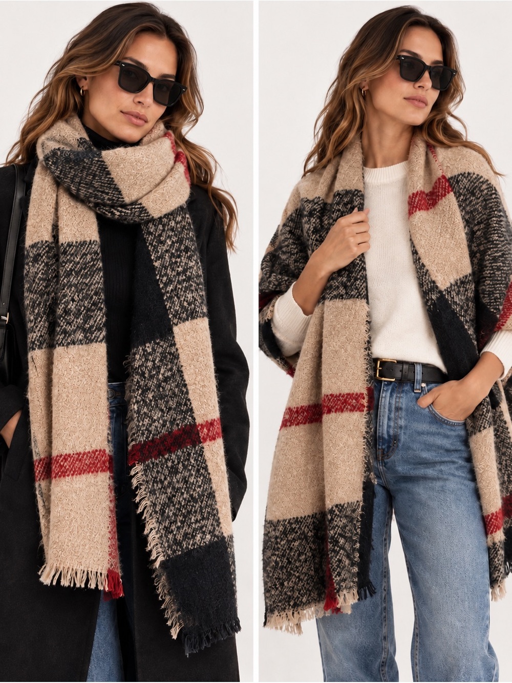 Lulla Collection by Bindya Oversized Plaid Blanket Scarf Beige Black Red 79”